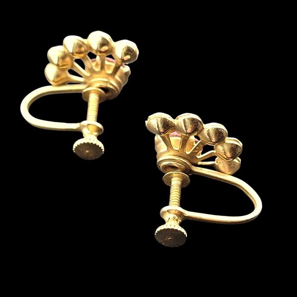 Vintage Gold-Tone Screw-Back Rhinestone Fan Earrings Pink & Clear Stones 3/4" - Picture 2 of 4